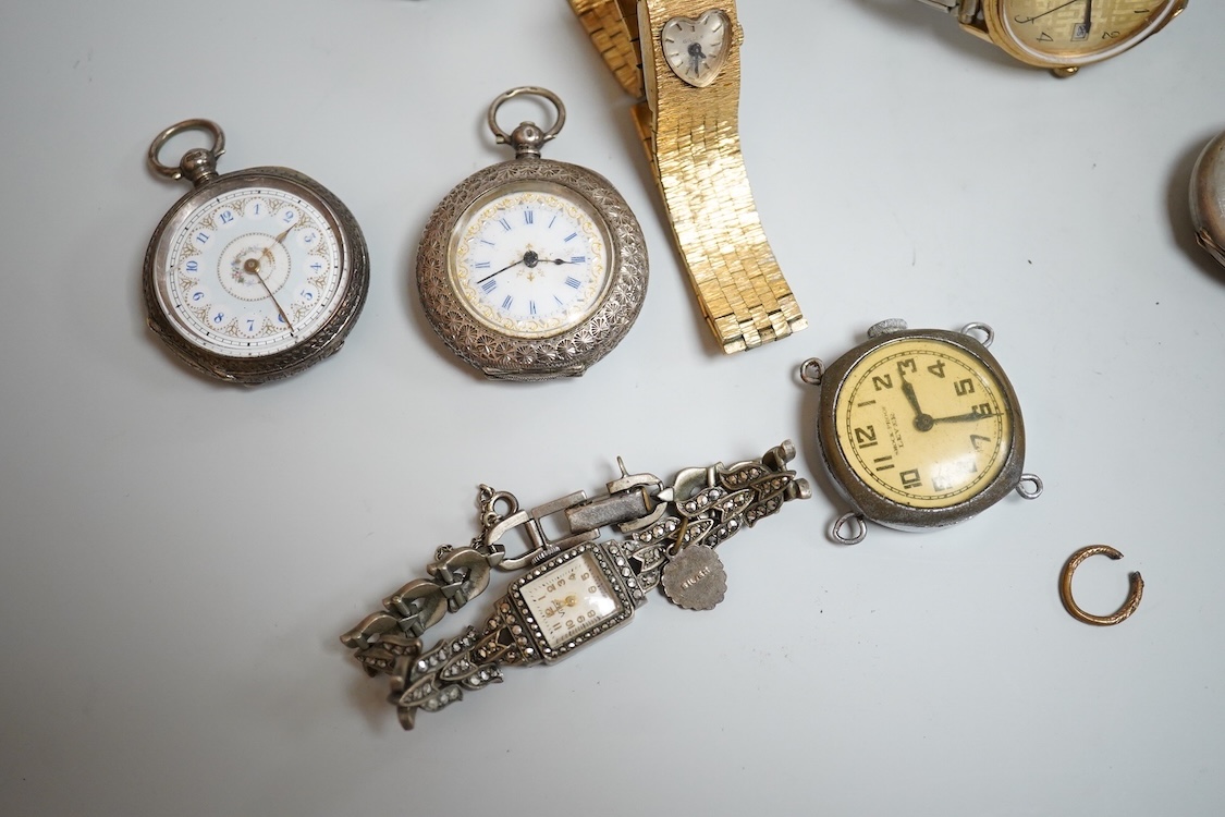A lady's Edwardian silver and enamel fob watch, with Roman dial and heart shaped orifice, one other silver fob watch and four other white metal fob watches, together with a chrome cased Ingersoll pocket watch and eleven